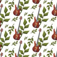 Seamless pattern with bass guitar and leaves vector