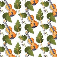Seamless pattern with violin and green leaves vector