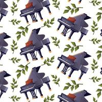 Seamless pattern with grand piano and green leaves vector