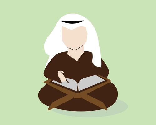 an arabic man sitting on the ground with an Al Quran