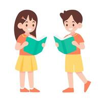 Happy children reading books together in casual outfits with smiling expressions vector