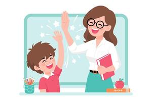 Happy teacher and student high-fiving in classroom during learning session vector