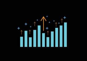 Stock and investment concept. A bar graph with a yellow upper arrow on a dark background. Bullish market, profit of wealth, high risk high return, business growth up. vector