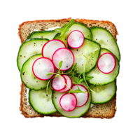 A slice of bread with cucumbers and radishes on it png
