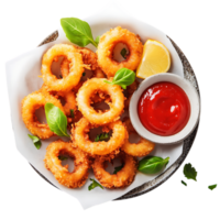 A plate of onion rings with ketchup and basil png