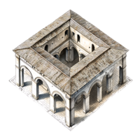A 3d model of a building with arches and a roof png