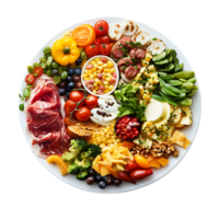 A plate of food with various vegetables and meats png