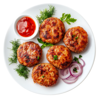 A plate of meat patties with onions and ketchup png