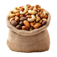 Burlap Sack Overflowing with a Variety of Nuts png