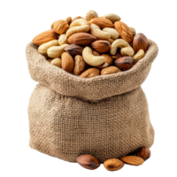 Burlap Sack Overflowing with a Variety of Nuts for Healthy Snacking and Culinary Delights png