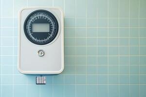 Vintage Bathroom Scale on Pale Blue Tile Wall photo