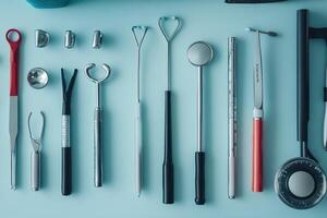 Medical instruments arranged neatly on a blue background photo