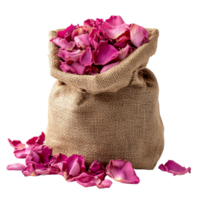 Burlap Bag Overflowing with Soft Pink Rose Petals for Decorative and Aromatic Uses png