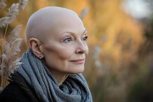 Bald Woman Contemplating Autumnal Landscape photo