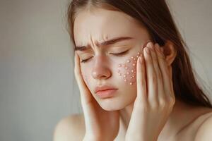 Young woman distressed by acne on her face photo