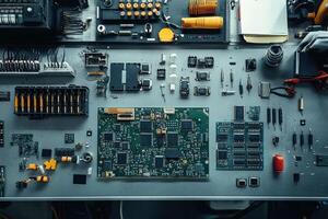 Electronic Components And Circuit Boards On A Workbench photo