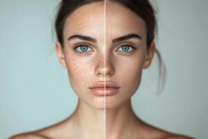 Woman showing before and after skin treatment results photo