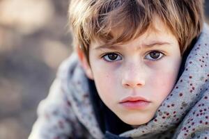Young Boy With Freckles Wearing A Grey Scarf photo