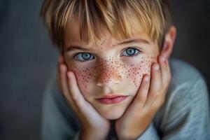 A freckled boy with blue eyes rests his chin in his hands photo