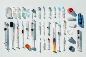 Medical supplies arranged on a white background photo