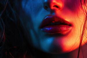 A womans lips are illuminated with vibrant red and blue light photo