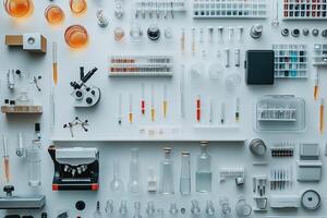 Laboratory Equipment And Supplies Arranged On A White Surface photo