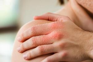 Closeup of a hand showing sunburned skin with goosebumps photo