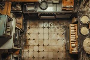 Aged Bakery Kitchen Overhead View Showing Dough and Equipment photo