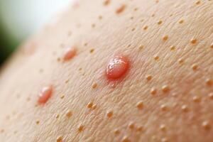 Closeup view of human skin with multiple small blisters photo
