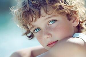 A Portrait of a Young Boy with Curly Hair and Blue Eyes photo