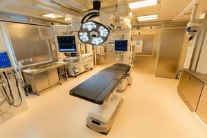 A hospital room with a surgical table and lights photo