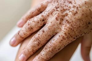 A person's hand with brown spots on it photo