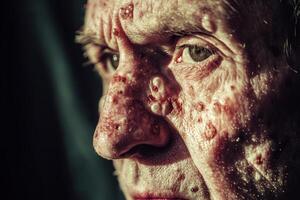 A close up of an old man with a lot of spots on his face photo
