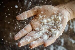 A person's hand is covered in flour photo