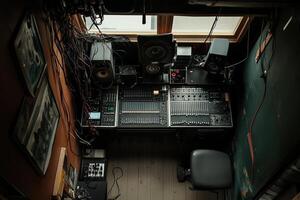 A recording studio with a desk, computer, and other equipment photo