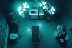 A hospital room with lights on and a bed photo