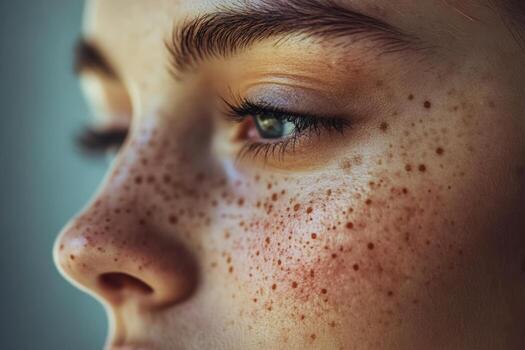 A close up of a woman with freckles on her face photo
