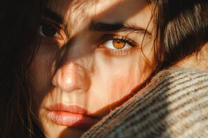 A woman with brown eyes and a sweater photo