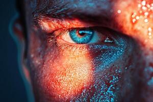 A close up of a man's eye with water on it photo
