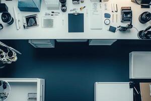 An overhead view of a desk with various items photo