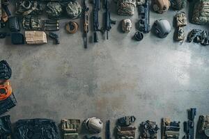 Military gear on a concrete floor photo