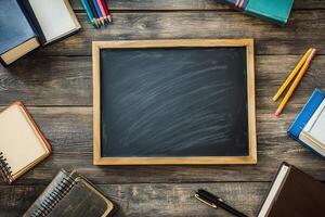 School supplies on a wooden table with a chalkboard photo