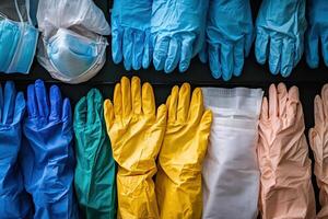 A variety of gloves and masks on a shelf photo