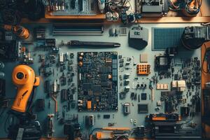 Electronics and tools on a table photo