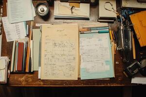 A desk with papers, pens, and other items photo