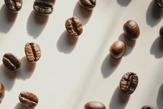 Roasted Coffee Beans Scattered on Light Background photo