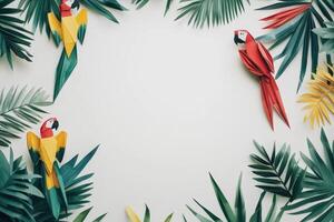 Colorful Origami Parrots Surrounded by Tropical Leaves photo