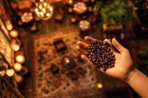 Handful of Coffee Beans in a Cozy Setting photo