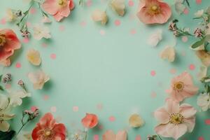 Delicate pastel flowers arranged in a circular frame photo