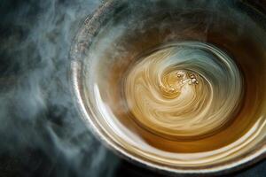 Swirling Tea in a Dark Bowl Steaming Gently photo